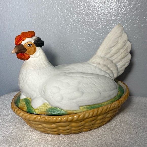Other - Antique Staffordshire Bisque Porcelain Hen Chicken on Nest Sitting on Eggs Bowl